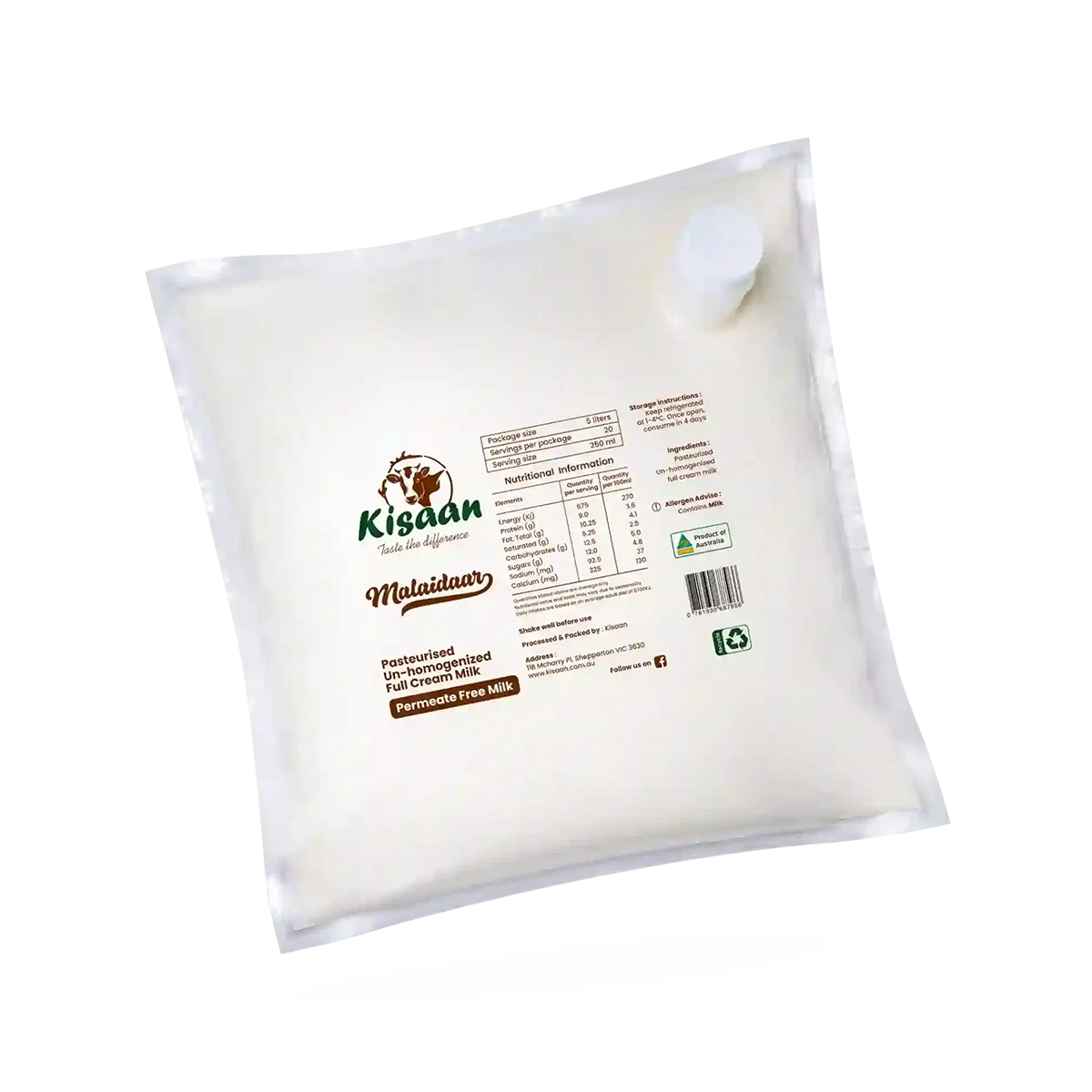 Kisaan - Cow Milk Full Cream Pasteurized Un-Homogenized | 5L